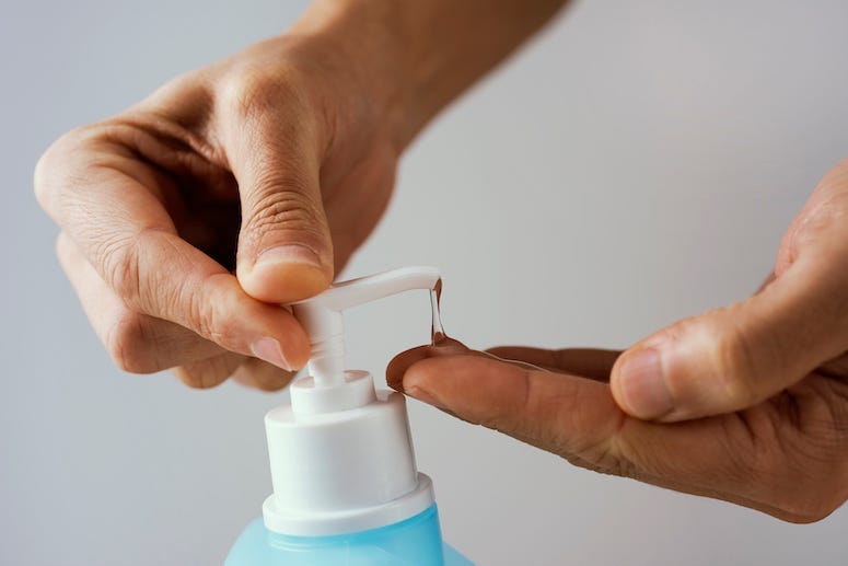 Male, Hand Sanitizer, Blue Bottle