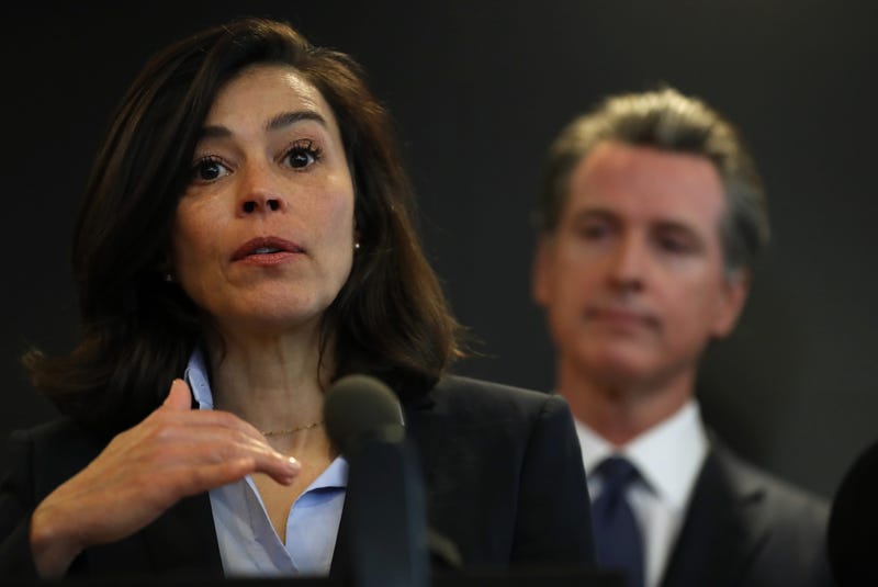 California Department of Public Health Director and State Health Officer Dr. Sonia Angell (L) speaks as California Gov. Gavin Newsom (R) looks on during a news conference at the California Department of Public Health February 27, 2020 in Sacramento, CA.