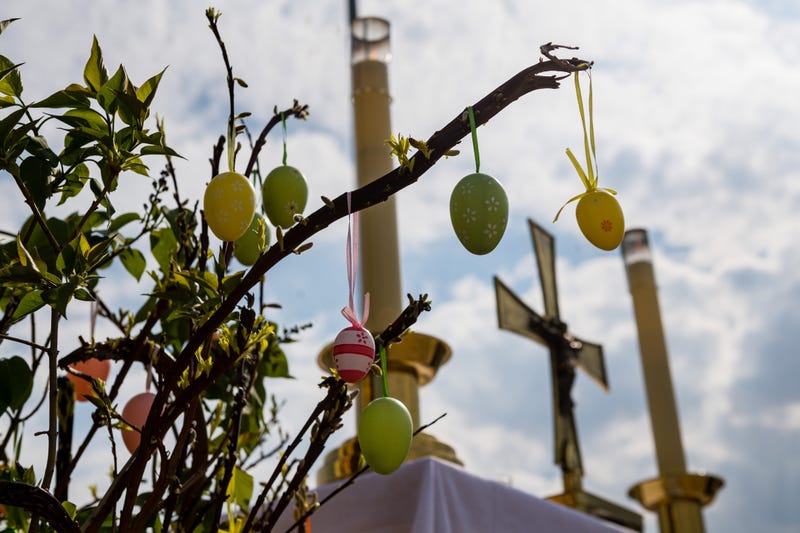 A temporary altar during an Easter Sunday religious service in a parking lot of the Messe Erfurt trade fair grounds during the coronavirus crisis on April 12, 2020 in Erfurt, Germany.