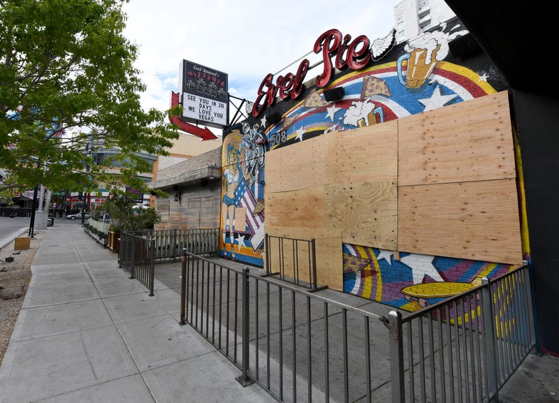 The closed Evel Pie restaurant in the Fremont East Entertainment District is boarded up as a result of the statewide shutdown due to the continuing spread of the coronavirus across the United States on March 22, 2020