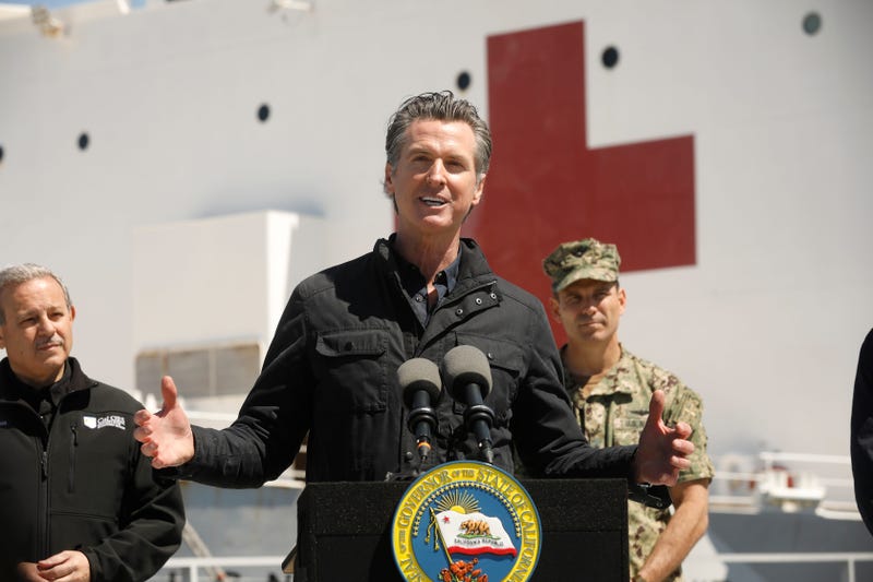r Gavin Newsom speaks in front of the hospital ship USNS Mercy that arrived into the Port of Los Angeles on Friday, March 27, 2020.