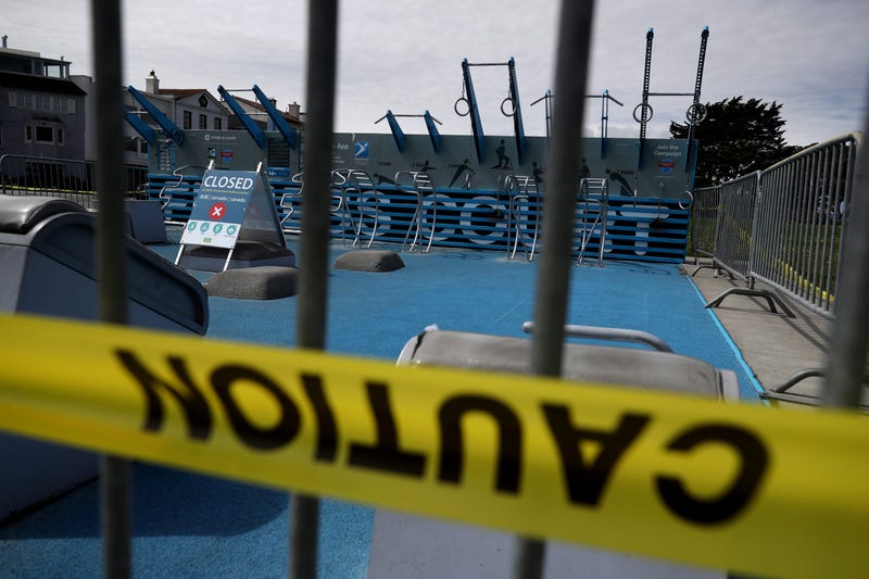 Exercise equipment at the Marina Green is closed off to the public on March 30, 2020 in San Francisco.