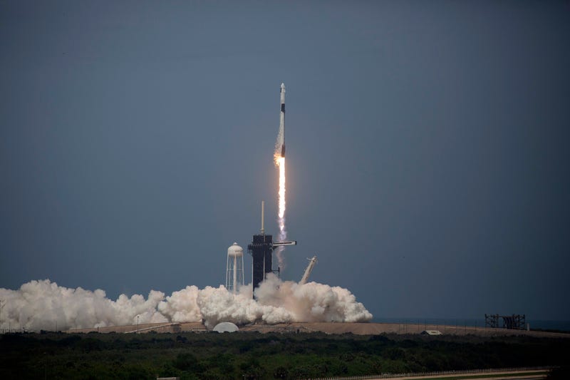 The SpaceX Falcon 9 rocket launches into space with NASA astronauts Bob Behnken and Doug Hurley aboard the rocket from the Kennedy Space Center on May 30, 2020 in Cape Canaveral, Florida.