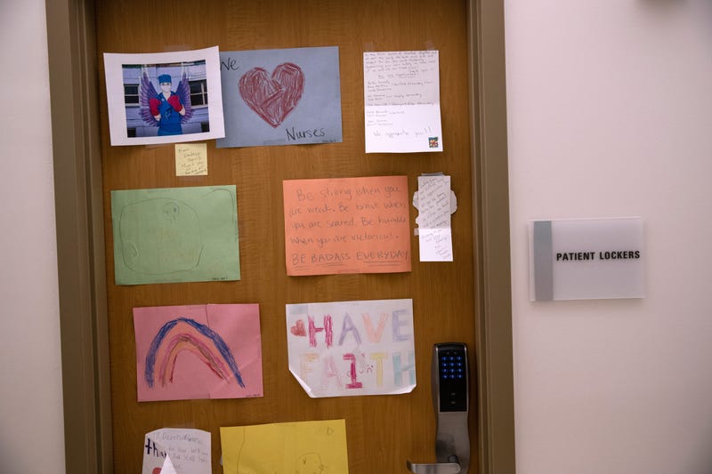 Drawings and messages honoring medical workers hang in a Stamford Hospital intensive care unit (ICU), on April 24, 2020 in Stamford, Connecticut.