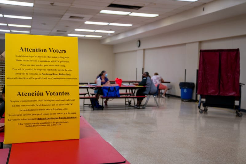 A sign at polling station at School 23 informing voters the use of provisional paper ballots only on July 7, 2020 in Jersey City, New Jersey.