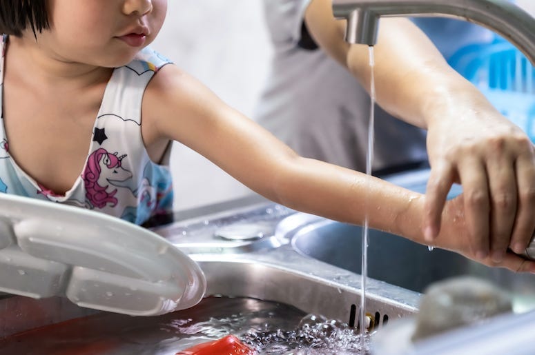 Parents, Child, Washing Dishes, Dishes, Sink