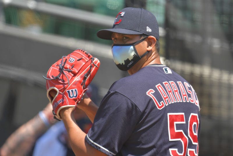 CLEVELAND, OHIO - JULY 06: Pitcher Carlos Carrasco #59 of the Cleveland Indians throws in the bullpen during summer workouts at Progressive Field on July 06, 2020 in Cleveland, Ohio. (Photo by Jason Miller/Getty Images)