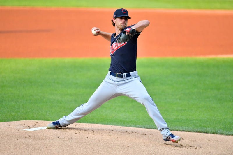 CLEVELAND, OHIO - JULY 09: Starter Shane Bieber #57 of the Cleveland Indians pitches during the first inning of an intrasquad game during summer workouts at Progressive Field on July 09, 2020 in Cleveland, Ohio. (Photo by Jason Miller/Getty Images)
