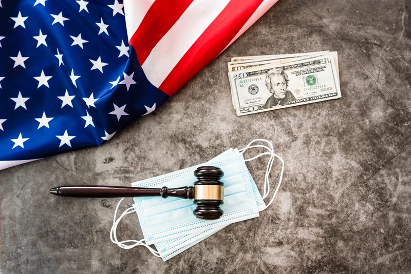 Concept of problems with justice during the covid19 pandemic in america, background with flag