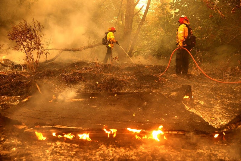 Pacific Gas and Electric firefighters extinguish spot fires as the LNU Lightning Complex fire burns through the area on August 19, 2020 in Fairfield, California.