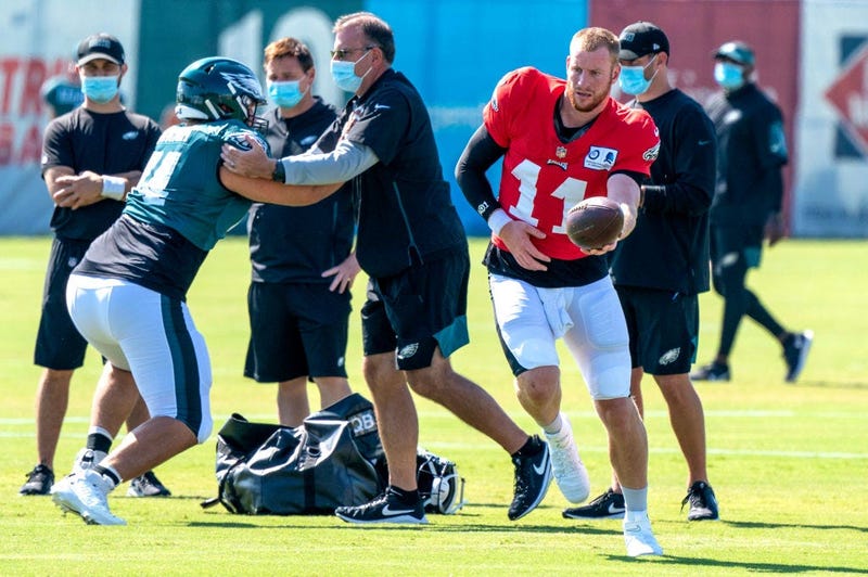 Carson Wentz #11 of the Philadelphia Eagles looks on hand off the ball during training camp at NovaCare Complex
