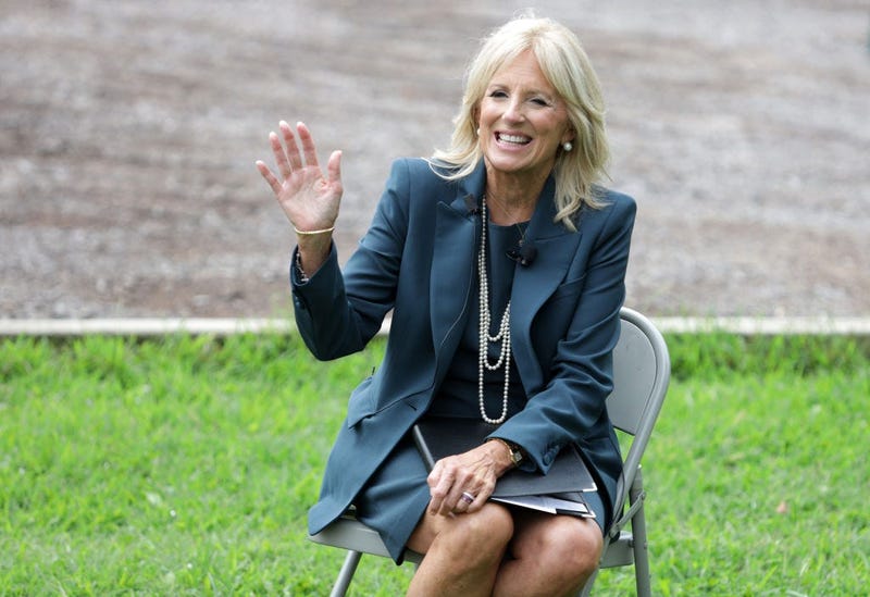 Dr. Jill Biden, wife of Democratic presidential candidate former Vice President Joe Biden, gestures during a visit at Evan G. Shortlidge Academy on September 1, 2020 in Wilmington, Delaware.