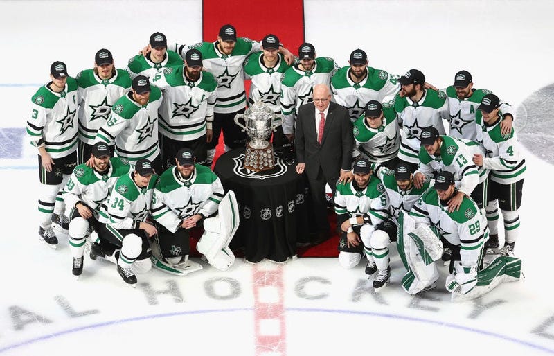 The Dallas Stars with Bill Daly, the deputy commissioner and chief legal officer of the National Hockey League (NHL) and the Clarence S. Campbell Bowl after winning the Western Conference Championship over the Vegas Golden Knights in Game 5.