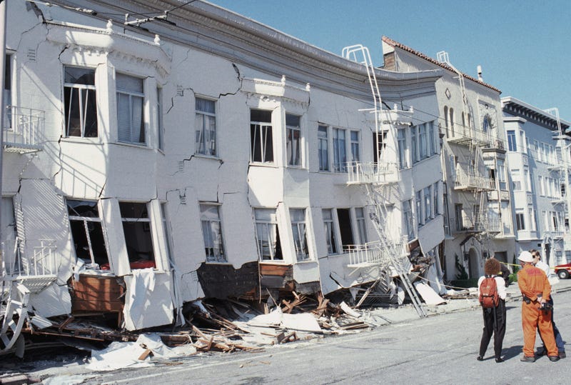 General view of the Marina district disaster zone after an earthquake, measuring 7.1 on the richter scale, rocks game three of the World Series between the Oakland A's and San Francisco Giants at Candlestick Park on October 17, 1989 in San Francisco.