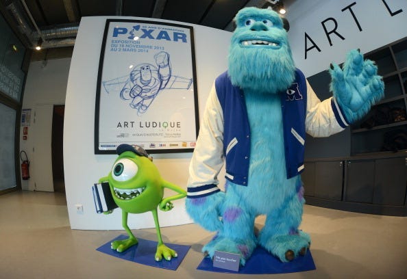 Characters Sulli and Bob from the film "Monsters and Cie" sit on display at 'Pixar, 25 years of Animation' exhibition on November 14, 2013 in Paris, France. The Art Ludique Museum will open its doors on November 16 with the Pixar exhibition.