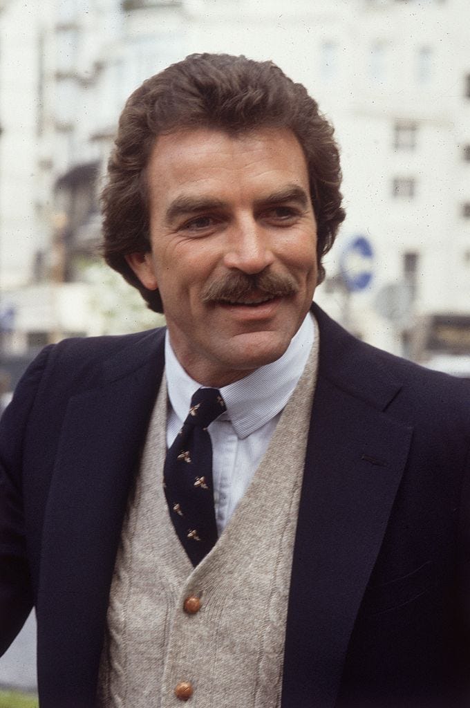 American actor Tom Selleck in London, where he is filming an episode of 'Magnum PI'.
