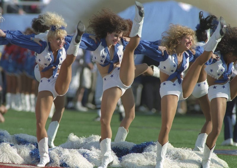 The Dallas Cowboys cheerleaders perform during Super Bowl XXVII against the Buffalo Bills at the Rose Bowl in Pasadena, California. The Cowboys won the game, 52-17.