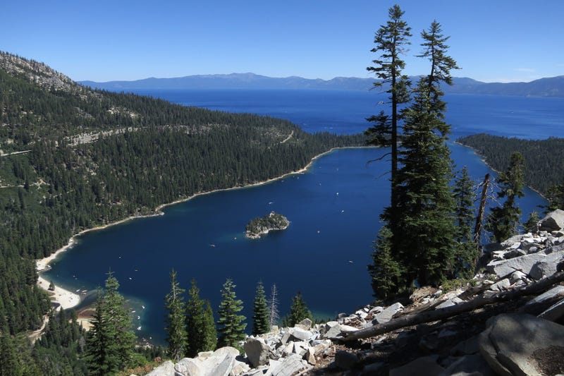 : Emerald Bay lies under blue skies at Lake Tahoe on July 23, 2014 near South Lake Tahoe, California.