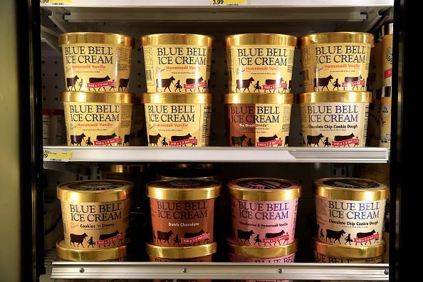 Blue Bell Ice Cream is seen on shelves of an Overland Park grocery store prior to being removed on April 21, 2015 in Overland Park, Kansas. Blue Bell Creameries recalled all products following a Listeria contamination.