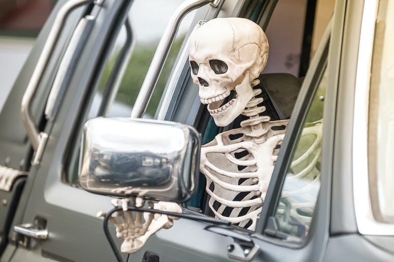 Skeleton, Driving, Drive Thru, Car