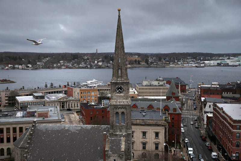 A gull flies over downtown on March 14, 2016 in New London, CT.