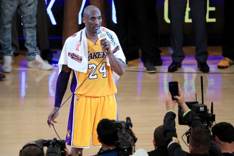 APRIL 13: Kobe Bryant #24 of the Los Angeles Lakers addresses the crowd after scoring 60 points in his final NBA game at Staples Center on April 13, 2016 in Los Angeles, California. The Lakers defeated the Utah Jazz 101-96.