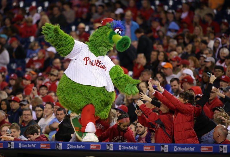The Phillie Phanatic entertains some fans in the seventh inning during a game between the Philadelphia Phillies and the Washington Nationals at Citizens Bank Park on April 16, 2016.