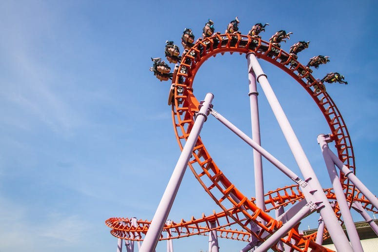 Roller Coaster, Blue Sky, Orange, People Riding, Loop