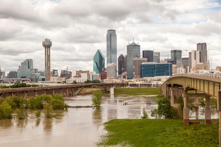Dallas downtown skyline view with the Trinity River in foreground.Texas, United States