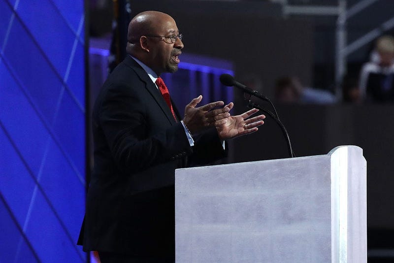 Former Philadelphia Mayor Michael Nutter delivers remarks on the fourth day of the Democratic National Convention at the Wells Fargo Center.