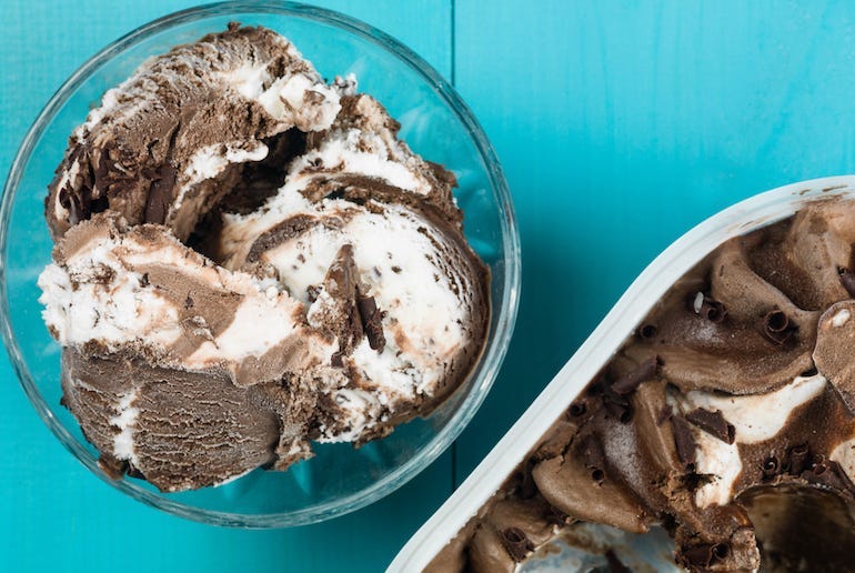 Ice Cream, Chocolate, Vanilla, Bowl, Carton, Spoon, Scoop, Blue Background