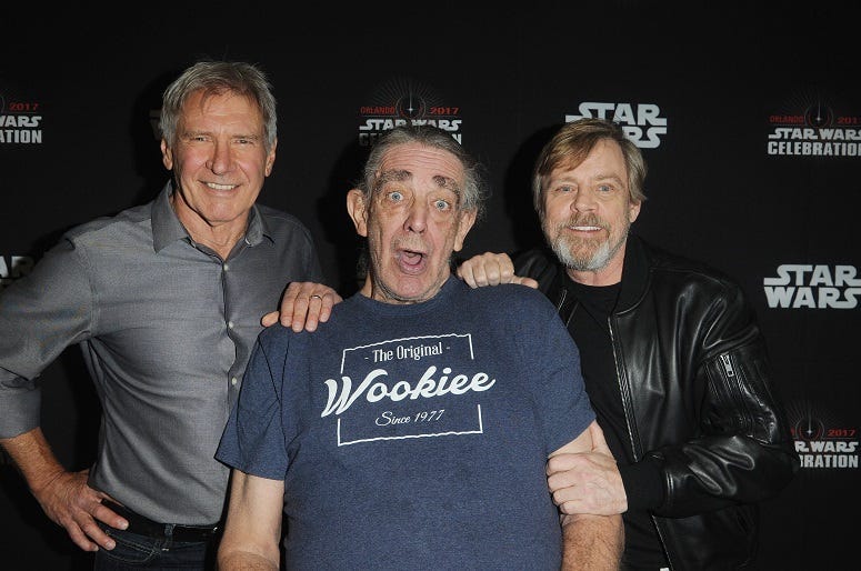 ORLANDO, FL - APRIL 13: Harrison Ford, Peter Mayhew and Mark Hamill attend the 40 Years of Star Wars panel during the 2017 Star Wars Celebrationat Orange County Convention Center on April 13, 2017 in Orlando, Florida