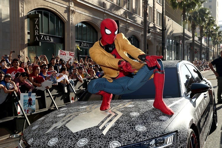 Actor dressed as Spider-Man attends the World Premiere of 'Spider-Man: Homecoming' hosted by Audi at TCL Chinese Theatre on June 28, 2017 in Hollywood, California.