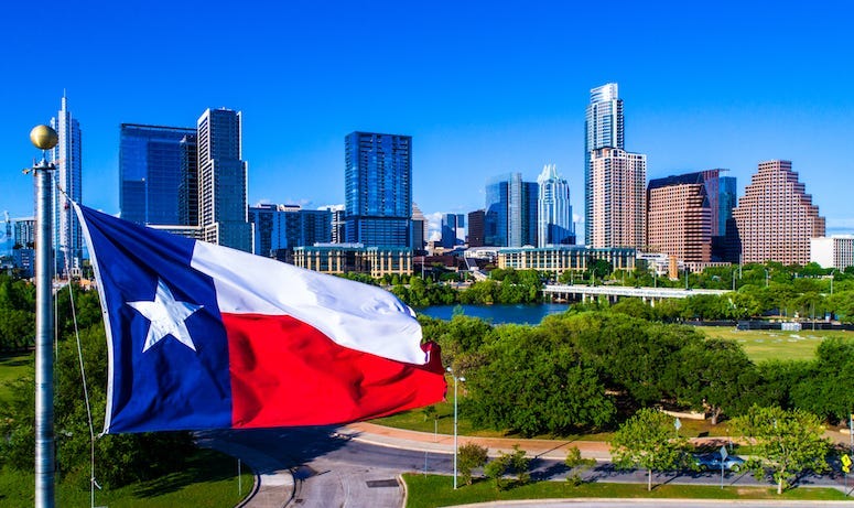 Texas, Flag, Waving, Wind, Austin, Skyline, Blue Sky, Cityscape, Downtown