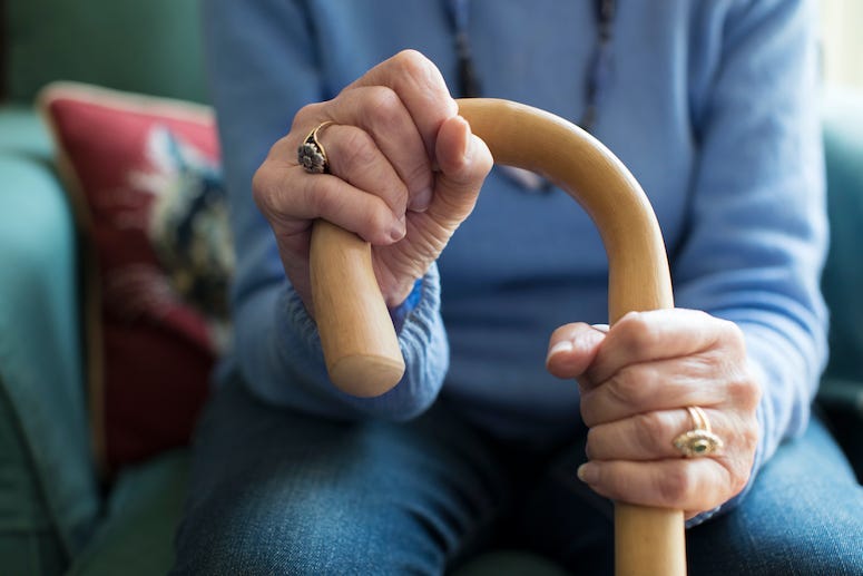 Senior Woman, Cane, Walking Cane, Hands, Chair