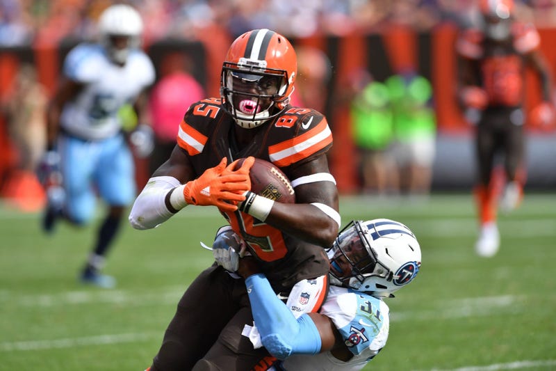CLEVELAND, OH - OCTOBER 22: David Njoku #85 of the Cleveland Browns is tackled by Kevin Byard #31 of the Tennessee Titans in the third quarter at FirstEnergy Stadium on October 22, 2017 in Cleveland, Ohio. (Photo by Jason Miller/Getty Images)