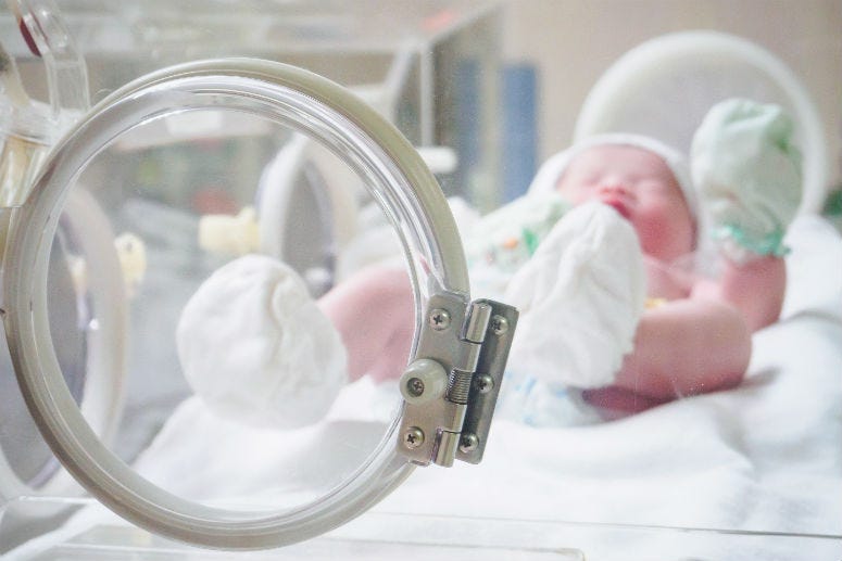 Newborn baby inside incubator in hospital post delivery room.