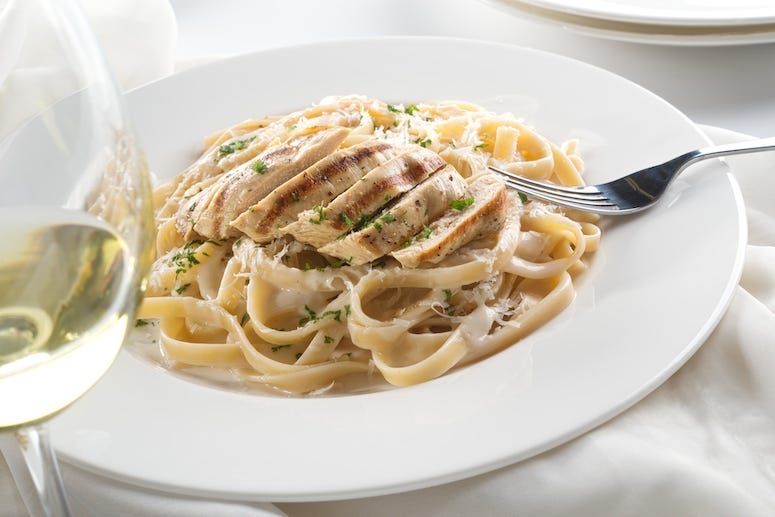 Grilled Chicken, Fettuccine Alfredo, Dish, Plate