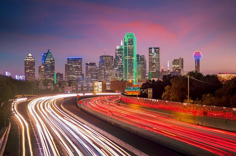 Dallas, Downtown, Skyline, Twilight, Traffic, Rush Hour, Cars, Blurry