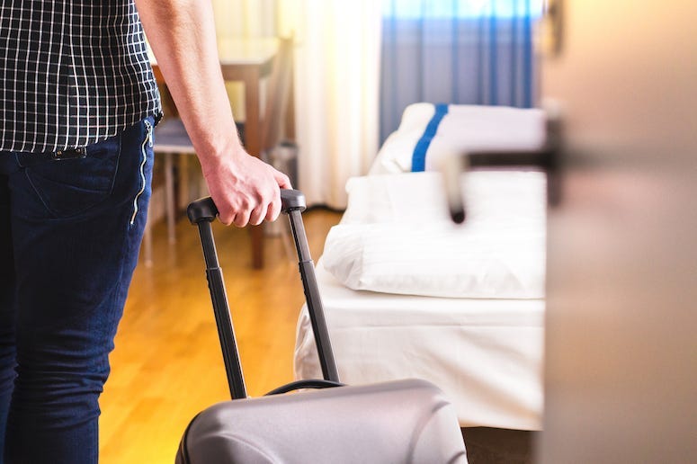 Man, Suitcase, Hotel Room, Bed