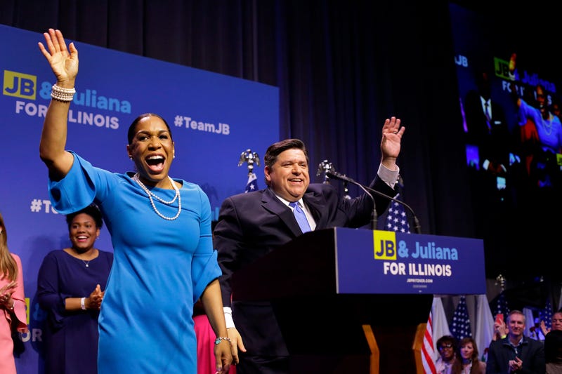 Illinois Democratic candidate for governor J.B. Pritzker and his Lieutenant Governor pick Juliana Stratton arrive during his primary election night victory event on March 20, 2018 in Chicago, Illinois