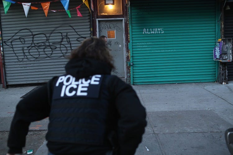 Immigration and Customs Enforcement (ICE), officers look to arrest an undocumented immigrant during an operation in the Bushwick neighborhood of Brooklyn on April 11, 2018 in New York City. New York is considered a "sanctuary city" for undocumented immig