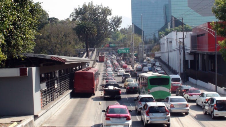 Mexico City Traffic Jam During Rush Hour And Tree Scenery In Mexico