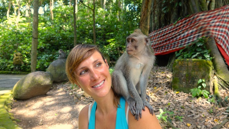 Young Caucasian traveler looking at little macaque on her shoulder. - stock photo