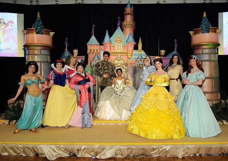 Disney Princess Royal Court at The New York Palace Hotel on March 14, 2010 in New York City. She is seen with people dressed as characters (L-R) Princess Jasmin, Snow White, Mulan, Aurora, Prince Naven, Cinderella, Princess Bell, Pocahantas