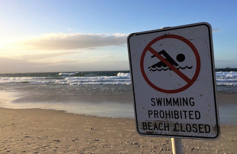 Ocean, Lake, Beach, Water, Closed, Warning, Sign, Beach Closed, No Swimming