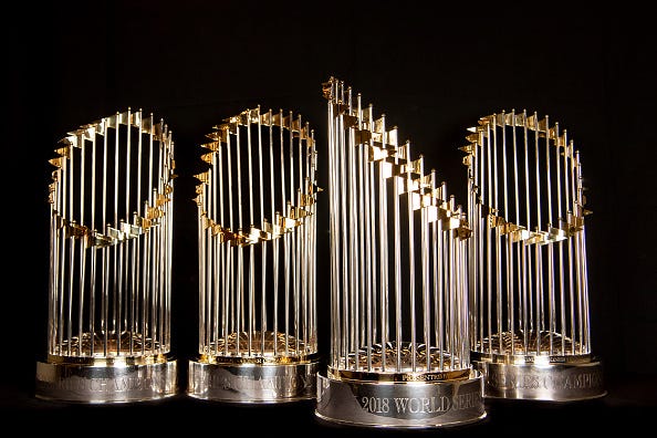 The Commissioner's Trophy is awarded to the team that wins the World Series.