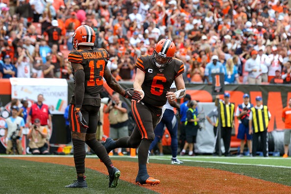 Odell Beckham Jr. (left), Baker Mayfield (right) and the Browns will look for their second consecutive victory.