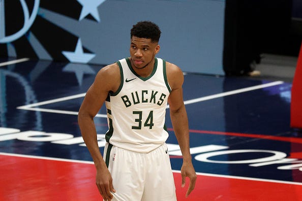 Giannis Antetokounmpo on the court for the Bucks.