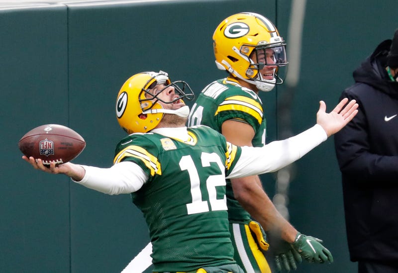 Green Bay Packers quarterback Aaron Rodgers (12) celebrates scoring a touchdown with wide receiver Equanimeous St. Brown (19) in the second quarter Sunday, Nov. 15, 2020, at Lambeau Field in Green Bay, Wis. Apc Packvsjaguars 1113200448